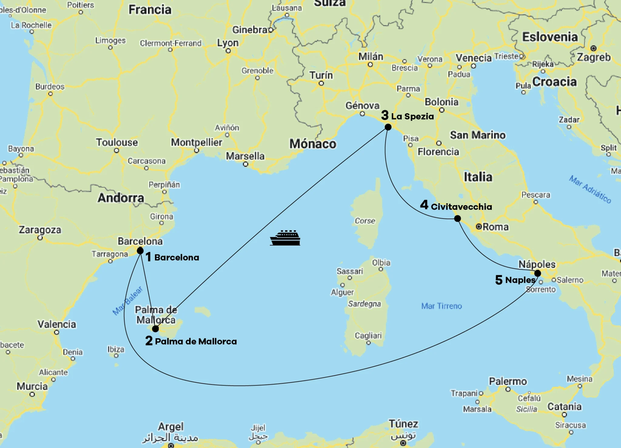 Mapa Recorrido Crucero Mediterraneo - Oeste - Allure of the Seas desde Roma
