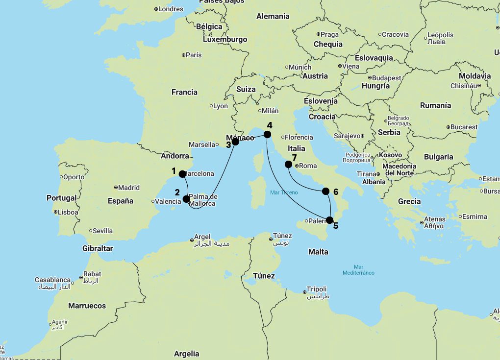 Mapa Recorrido Mediterráneo -Oeste - Odyssey Of The Seas desde Barcelona