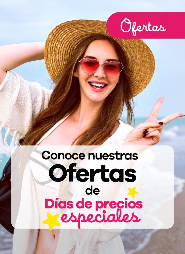 Promoción de Viajes Éxito: Ofertas de días de precios especiales. Mujer joven con sombrero y gafas en forma de corazón sonríe y hace señal de paz en la playa.