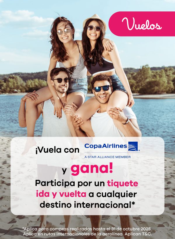Vuela con Copa Airlines y gana un tiquete internacional Aprovecha la promoción de Copa Airlines: participa por un tiquete aéreo de ida y vuelta a cualquier destino internacional al comprar tus vuelos. Aplica para compras realizadas hasta el 31 de octubre de 2025 en rutas internacionales operadas por la aerolínea.