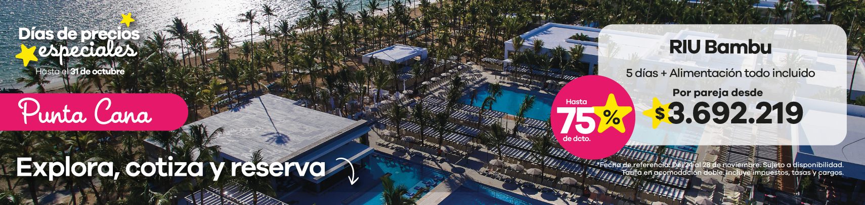 Disfruta Punta Cana en el hotel RIU Bambu con 5 días de alojamiento todo incluido desde $3.692.219 por pareja. ¡Ahorra hasta 75% y reserva antes del 31 de octubre!