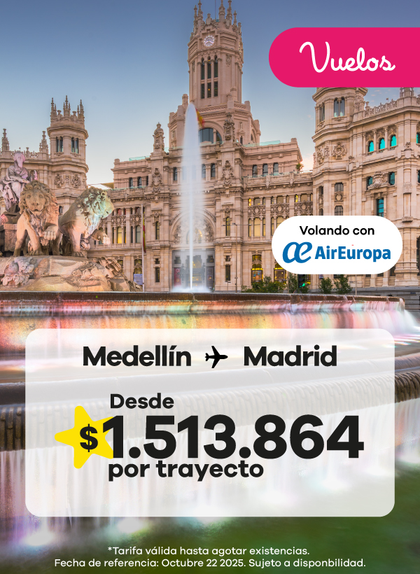 Vuela de Medellín a Madrid con Air Europa desde solo $1.513.864 por trayecto ✈️. Disfruta tarifas especiales para descubrir España con estilo y comodidad. ¡Compra hasta el 22 de octubre y asegura tu viaje europeo!