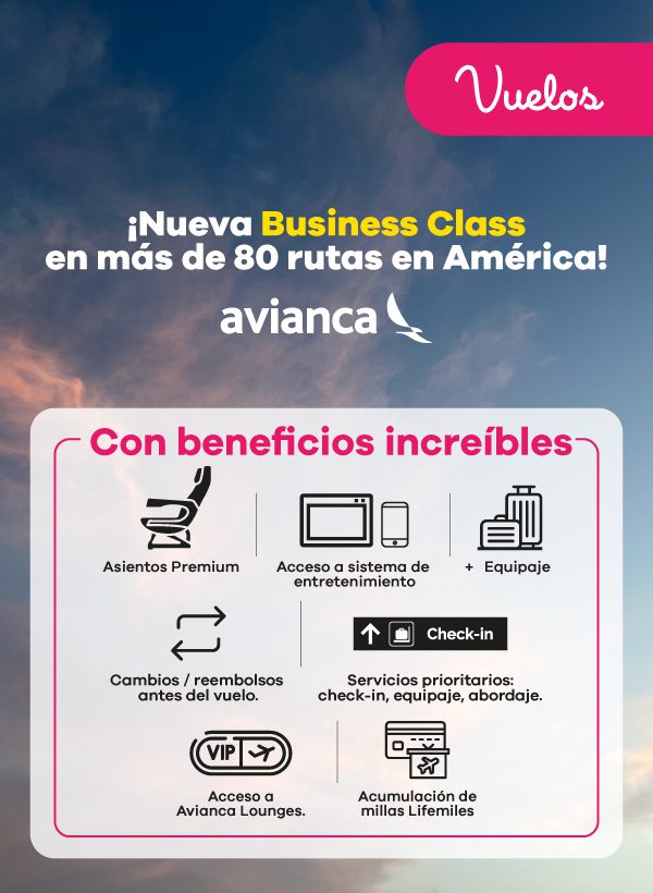 Descubre la nueva Business Class de Avianca en más de 80 rutas por América 🌎. Disfruta de asientos premium, equipaje incluido, acceso a lounges, check-in prioritario y más beneficios exclusivos. ¡Vuela con confort y estilo!