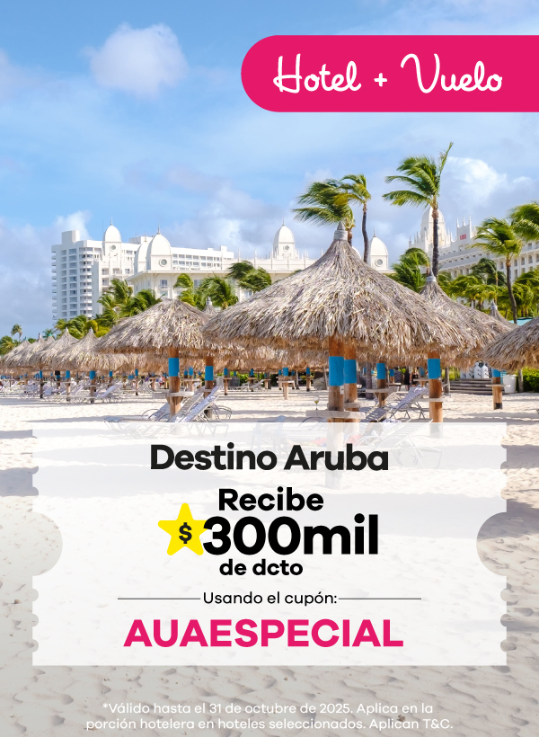 Escápate al paraíso con nuestro combo Hotel + Vuelo a Aruba 🌴. Recibe $300 mil de descuento usando el cupón AUAESPECIAL. 💛 Válido hasta el 31 de octubre de 2025. ¡Aprovecha y vive unas vacaciones inolvidables