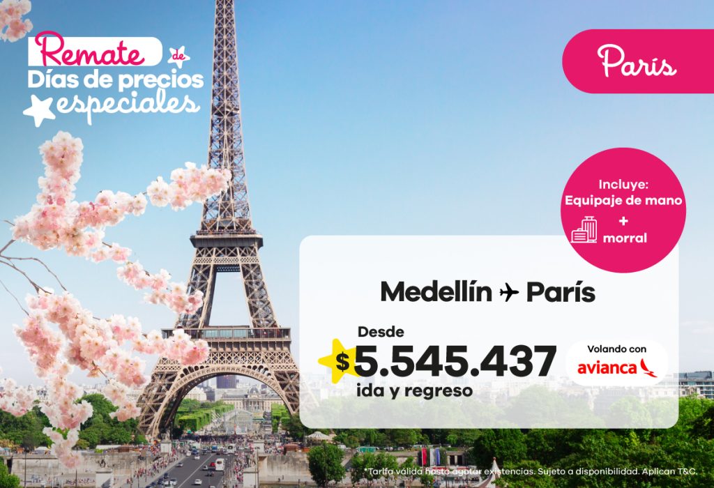 Vuela de Medellín a París con Avianca desde solo $5.545.437 ida y regreso ✈️. Disfruta la magia de la Ciudad Luz, sus monumentos y gastronomía con las mejores tarifas. ¡Reserva tu viaje a Europa ahora!