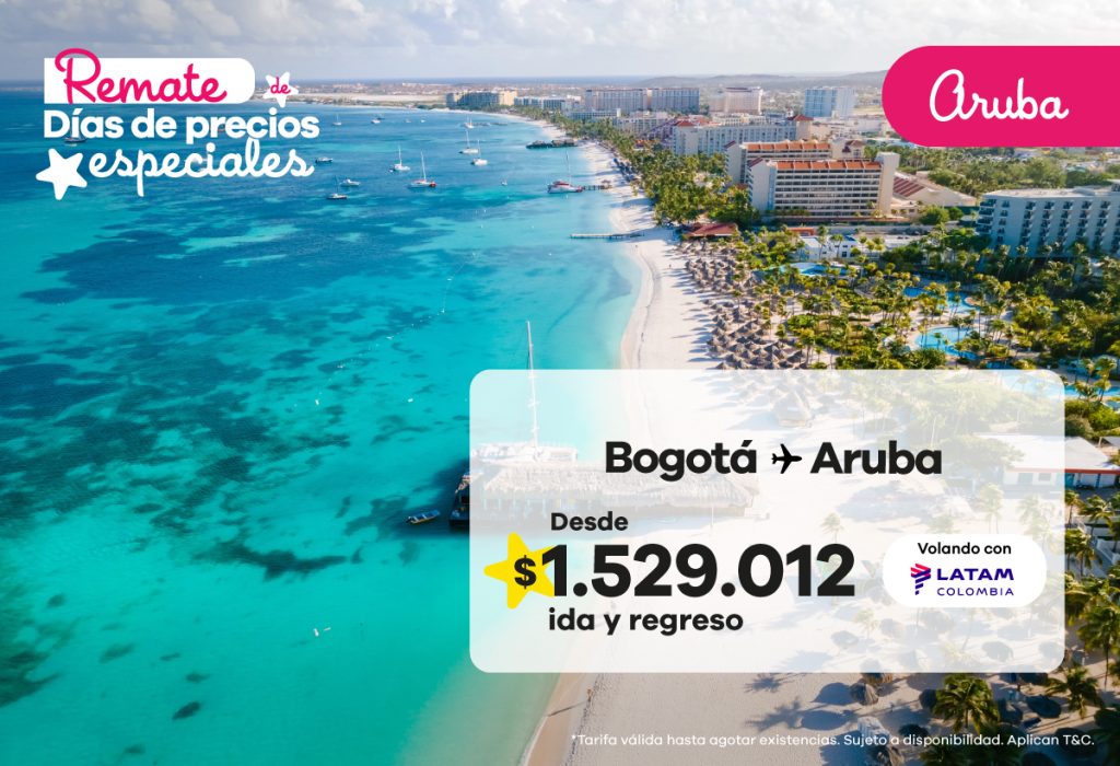 Vuela de Bogotá a Aruba con LATAM Colombia desde solo $1.529.012 ida y regreso ✈️. Disfruta playas de ensueño, sol todo el año y aguas turquesas. ¡Reserva ya y vive el paraíso del Caribe!