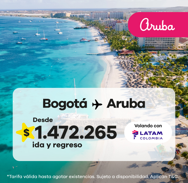 Vuela de Bogotá a Aruba con LATAM Colombia desde solo $ 1.472.265 ida y regreso ✈️. Disfruta playas de ensueño, sol todo el año y aguas turquesas. ¡Reserva ya y vive el paraíso del Caribe!