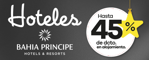 Banner de hoteles Bahia Principe con descuentos hasta 45% en alojamientos por Black Friday Viajes 2025.