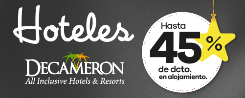 Banner de hoteles Decameron con descuentos hasta 45% en alojamientos por Black Friday Viajes 2025.