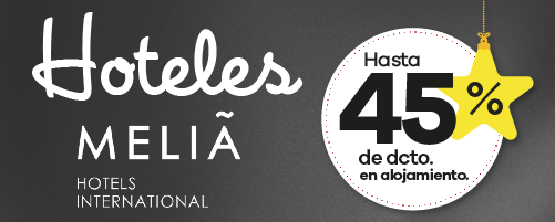 Banner de promoción de Hoteles Meliá con hasta 45 % de descuento en alojamiento