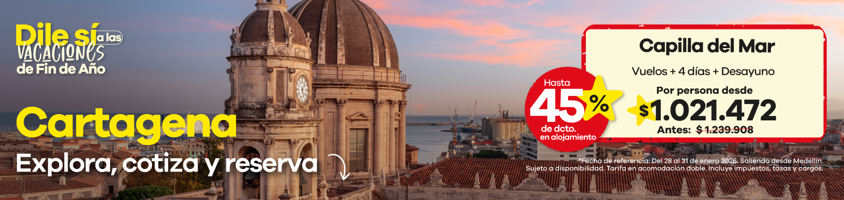 🌅 Dile sí a las vacaciones de fin de año ✈️ Descubre el encanto del Caribe en Cartagena y disfruta del mar, la historia y la cultura. Quédate en Capilla del Mar con hasta 45% de descuento en alojamiento. 💛 Desde $ 1.021.472 por persona (vuelos + 4 días + desayuno). Explora, cotiza y reserva tu viaje soñado.
