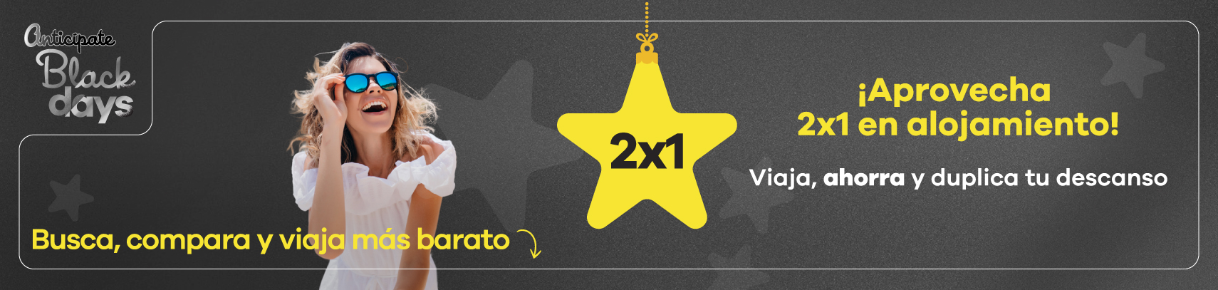 Banner de promociones 2x1 en alojamiento con Viajes Éxito durante Black Days