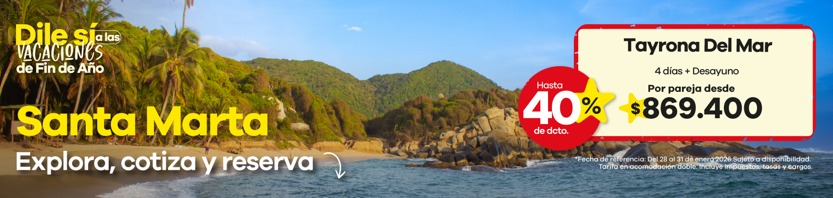 ☀️ Dile sí a las vacaciones de fin de año en Santa Marta 🏝️ Relájate frente al mar y disfruta de una experiencia inolvidable en el Hotel Tayrona del Mar. 4 días + desayuno por pareja desde $869.400 ✨ ¡Aprovecha hasta 40% de descuento y vive el encanto de la costa colombiana!