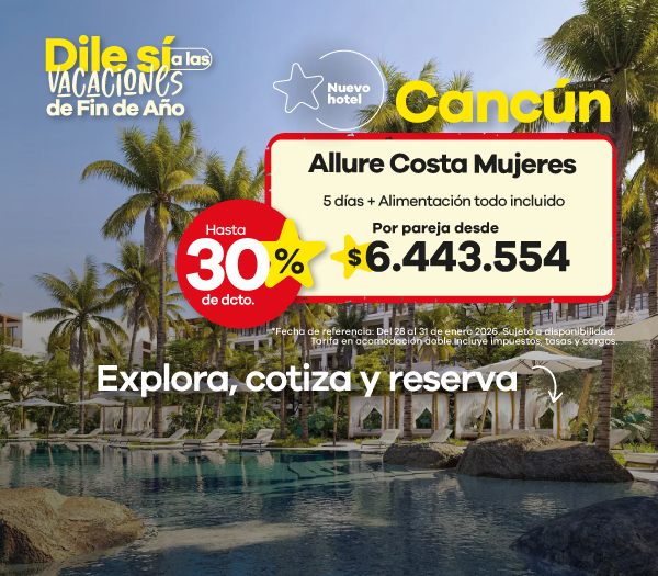☀️ Dile sí a las vacaciones de fin de año en Cancún 🇲🇽 Descubre el lujo y la tranquilidad del Ocean Allure Costa Mujeres, un nuevo hotel frente al mar con todo incluido. 🏖️ 5 días + alimentación todo incluido 💛 Por pareja desde $6.443.554 ✨ ¡Aprovecha hasta 30% de descuento y vive el Caribe con estilo!