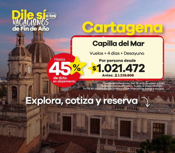 🌅 Dile sí a las vacaciones de fin de año ✈️ Descubre el encanto del Caribe en Cartagena y disfruta del mar, la historia y la cultura. Quédate en Capilla del Mar con hasta 45% de descuento en alojamiento. 💛 Desde $ 1.021.472 por persona (vuelos + 4 días + desayuno). Explora, cotiza y reserva tu viaje soñado.