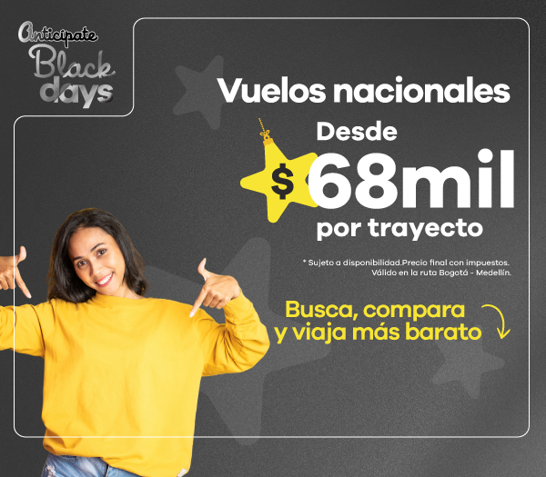 Banner de ofertas de vuelos nacionales desde $68.000 por trayecto durante Black Days, mujer señalando la promoción.
