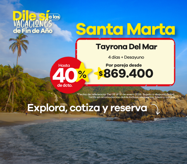 ☀️ Dile sí a las vacaciones de fin de año en Santa Marta 🏝️ Relájate frente al mar y disfruta de una experiencia inolvidable en el Hotel Tayrona del Mar. 4 días + desayuno por pareja desde $869.400 ✨ ¡Aprovecha hasta 40% de descuento y vive el encanto de la costa colombiana!