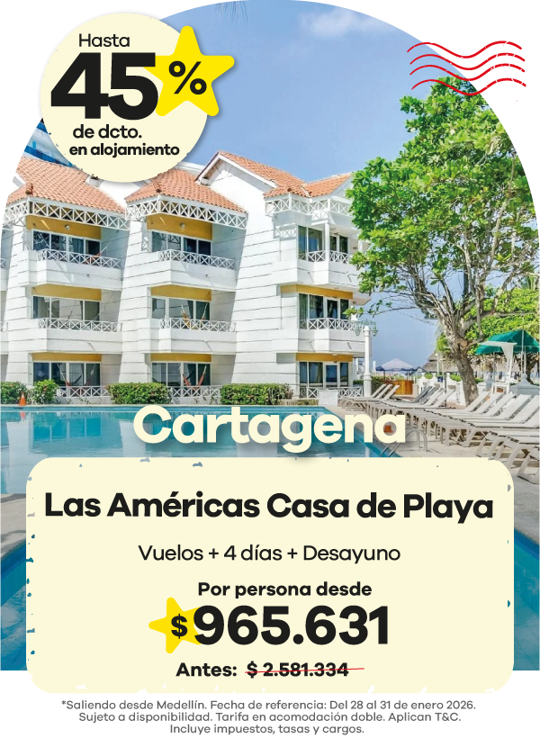🌴 Cartagena te espera con sol, mar y descuentos imperdibles ☀️ Hospédate en Las Américas Casa de Playa y disfruta del Caribe colombiano con todo el confort. 🏖️ Vuelos + 4 días + desayuno desde $965.631 por persona. ✨ ¡Aprovecha hasta 45% de descuento en alojamiento y vive unas vacaciones inolvidables!