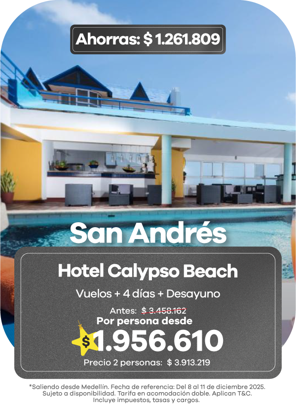 Oferta de viaje a San Andrés con vuelos y 4 días en el Hotel Calypso Beach, promoción Black Friday Viajes 2025.