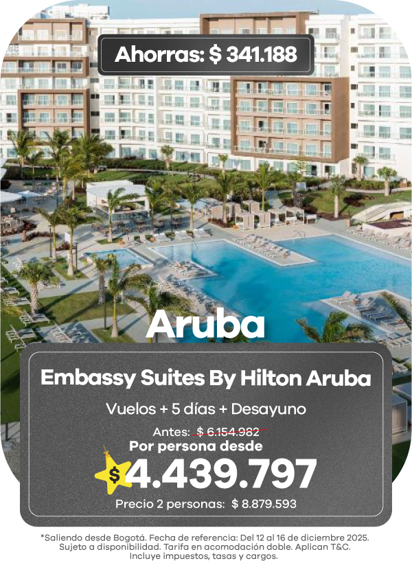 viajar a Aruba con paquete al Embassy Suites by Hilton que incluye vuelos, 5 días y desayuno, con precio desde $4.439.797 por persona