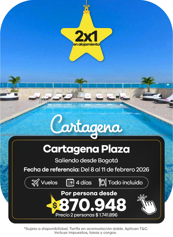 Oferta 2x1 en Cartagena: paquete al hotel Cartagena Plaza con vuelo desde Bogotá y 4 días todo incluido