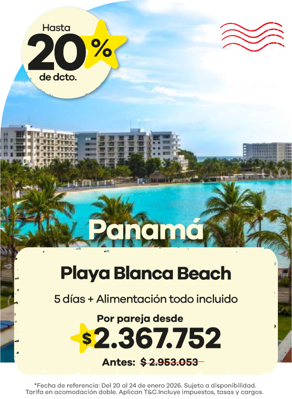🌴 Vive el paraíso en Panamá 🇵🇦 Relájate frente al mar y disfruta del confort de Playa Blanca Beach, un destino perfecto para desconectarte. 🏖️ 5 días con alimentación todo incluido 💰 Desde $2.367.752 por pareja 📉 Antes: $2.953.053 ✨ Ahorra hasta el 20% en tu estadía 📅 Fecha de referencia: Del 20 al 24 de enero de 2026. Sujeto a disponibilidad. Incluye impuestos, tasas y cargos.