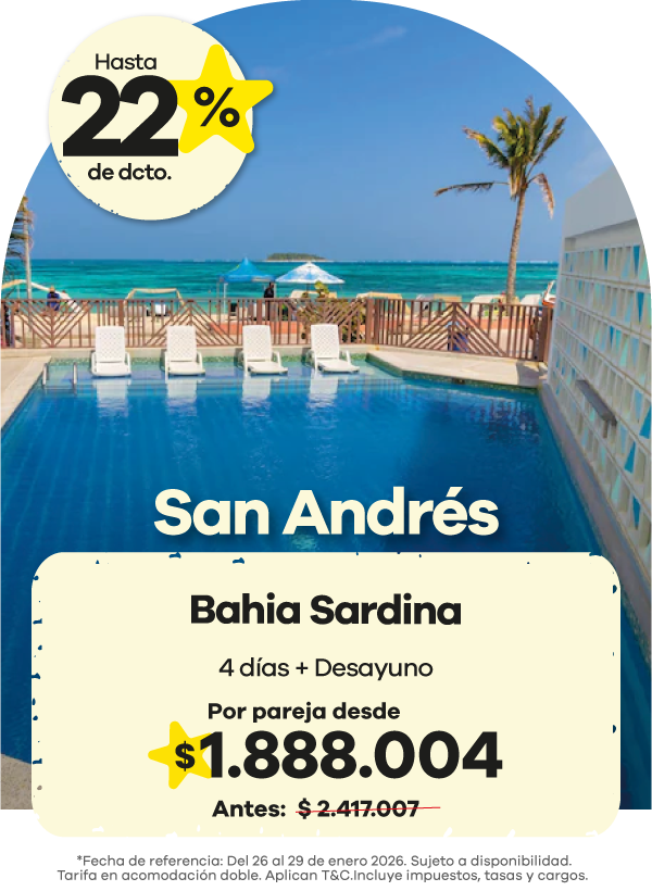 🌴 Descubre el paraíso en San Andrés 🏝️ Relájate frente al mar Caribe en el Hotel Bahía Sardina, con una ubicación privilegiada y vista espectacular al océano. ☀️ 4 días + desayuno incluido 💛 Por pareja desde $1.888.004 ✨ ¡Aprovecha hasta 20% de descuento y disfruta el encanto isleño con todo el confort que mereces!