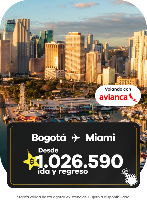 oferta de vuelo Bogotá a Miami con Avianca desde $1.026.590 ida y regreso, con vista aérea del downtown de Miami y su bahía.