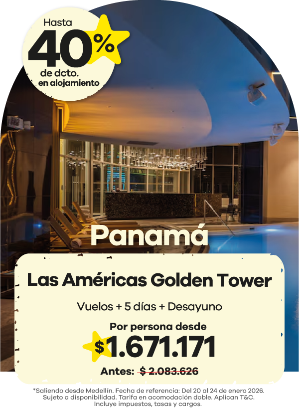 🌆 Vive una escapada única en Panamá 🇵🇦 Hospédate en el elegante Las Américas Golden Tower y disfruta una experiencia moderna con el mejor servicio. ✈️ Vuelos + 5 días + desayuno desde $1.671.171 por persona. ✨ Aprovecha hasta 40% de descuento en alojamiento y combina descanso, lujo y una ubicación privilegiada en el corazón de la ciudad.