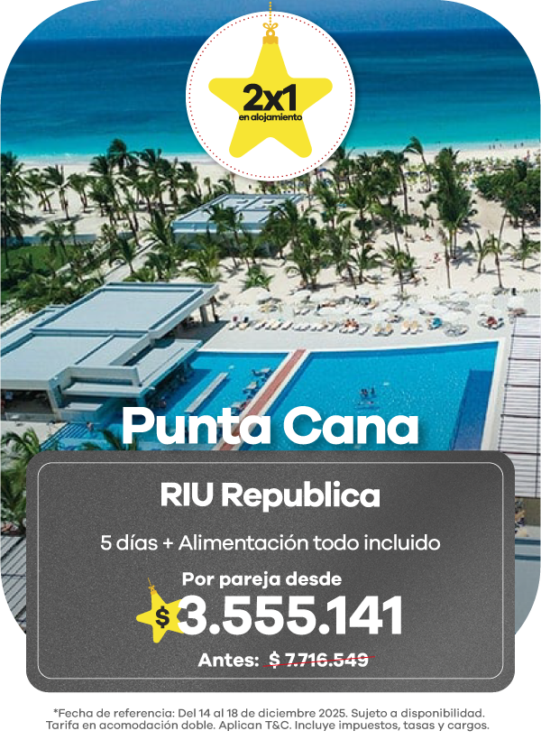 Paquete a Punta Cana en el hotel RIU República con 5 días todo incluido y promoción 2x1, oferta Black Friday Viajes 2025.