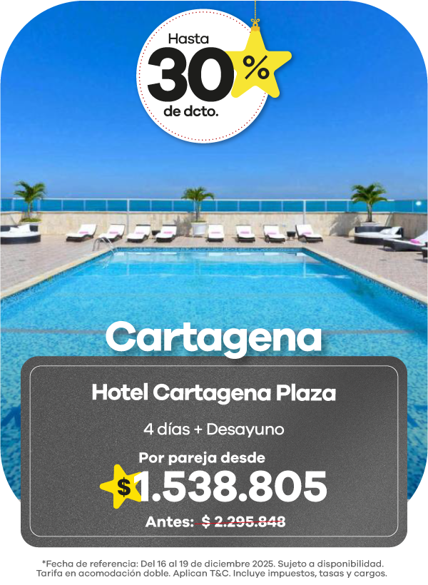 Hotel Cartagena Plaza con oferta de 4 días y desayuno, promoción para viajar en pareja por Black Friday Viajes 2025.