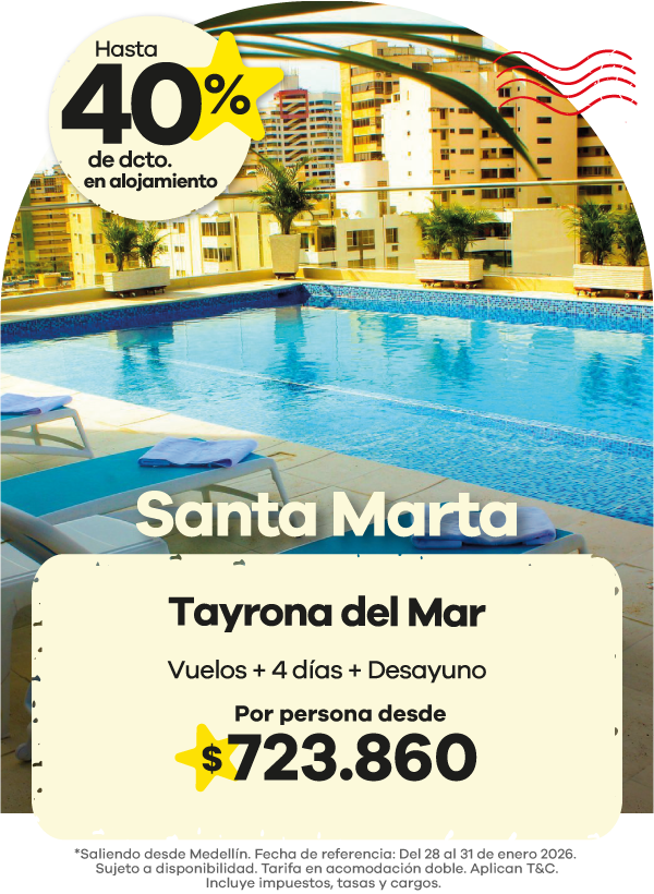 🌊 Santa Marta te espera con sol, playa y descanso total ☀️ Hospédate en Tayrona del Mar y disfruta del Caribe colombiano con la mejor vista y comodidad. ✈️ Vuelos + 4 días + desayuno desde $723.860 por persona. ✨ Aprovecha hasta 40% de descuento en alojamiento y vive unas vacaciones inolvidables frente al mar.