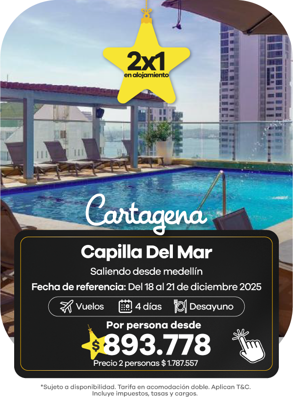 Oferta Black Friday Cartagena: paquete al Hotel Capilla del Mar saliendo desde Medellín, 4 días con desayuno y promoción 2x1 en alojamiento
