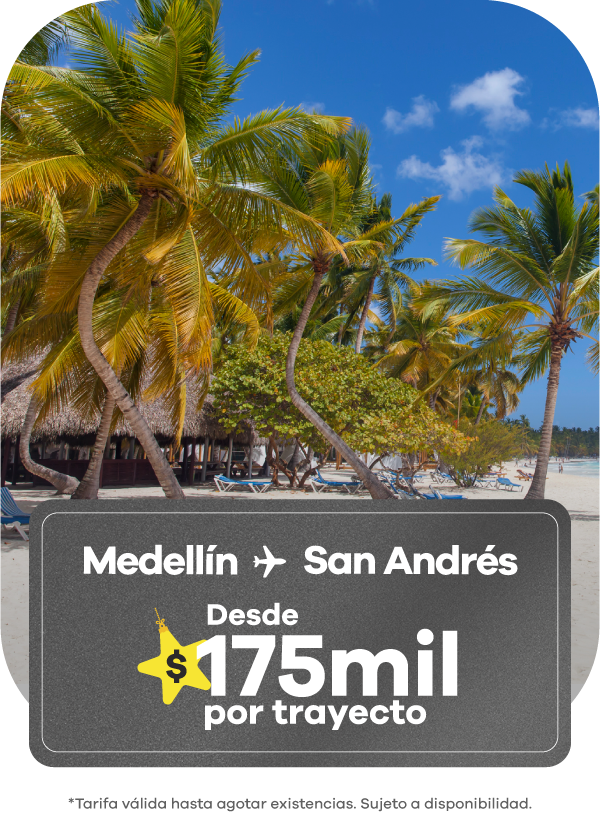 Banner de oferta de vuelo Medellín a San Andrés desde $175.000 por trayecto, con playa, palmeras y cielo azul en San Andrés