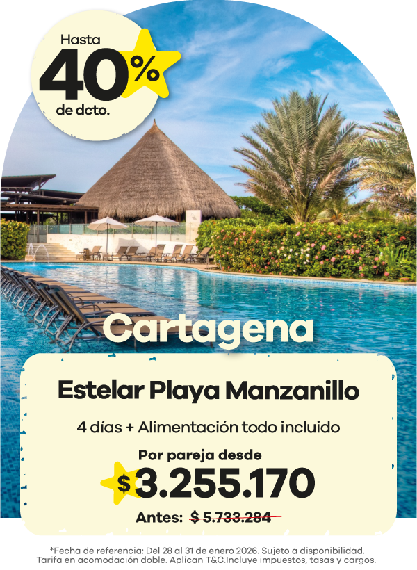🌅 Descubre el encanto del Caribe en Cartagena 🏖️ Relájate frente al mar en el espectacular Hotel Estelar Playa Manzanillo, rodeado de palmeras, arena dorada y un ambiente único. 🍽️ 4 días + alimentación todo incluido 💛 Por pareja desde $3.255.170 ✨ ¡Aprovecha hasta 40% de descuento y vive una experiencia llena de confort, sol y sabor costeño!