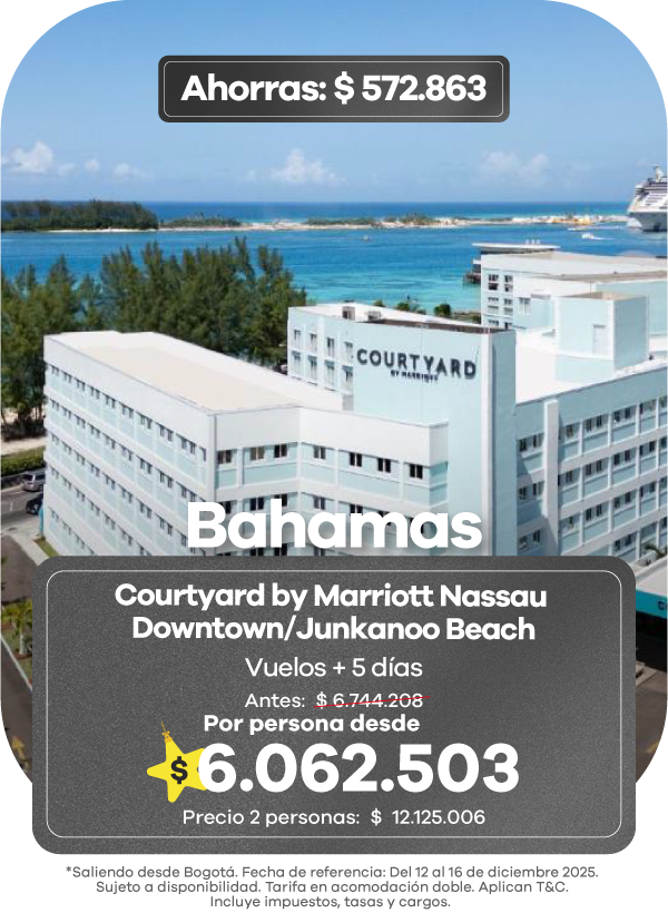 viajar a Bahamas con paquete al Courtyard by Marriott Nassau Downtown/Junkanoo Beach que incluye vuelos y 5 días, con precio desde $6.062.503 por persona