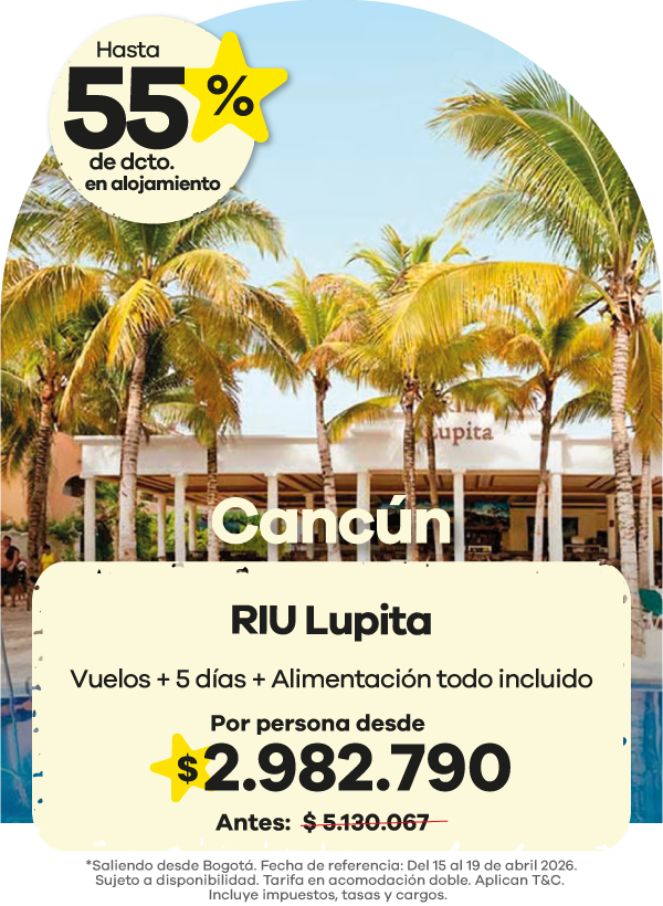 🌴 Cancún te invita a unas vacaciones de ensueño ☀️ Hospédate en RIU Lupita y disfruta de una experiencia todo incluido frente al mar Caribe. ✈️ Vuelos + 5 días + alimentación todo incluido desde $2.982.790 por persona. ✨ Aprovecha hasta 55% de descuento en alojamiento y vive el paraíso con todo el confort que mereces.