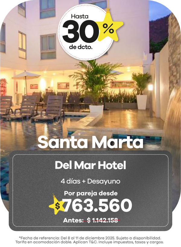 Oferta del Del Mar Hotel en Santa Marta con 4 días y desayuno, promoción Black Friday Viajes 2025 para viajar en pareja.