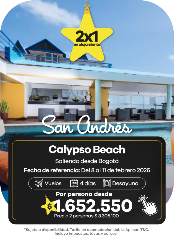 Oferta 2x1 en San Andrés: paquete Calypso Beach con vuelo desde Bogotá y 4 días con desayuno incluido