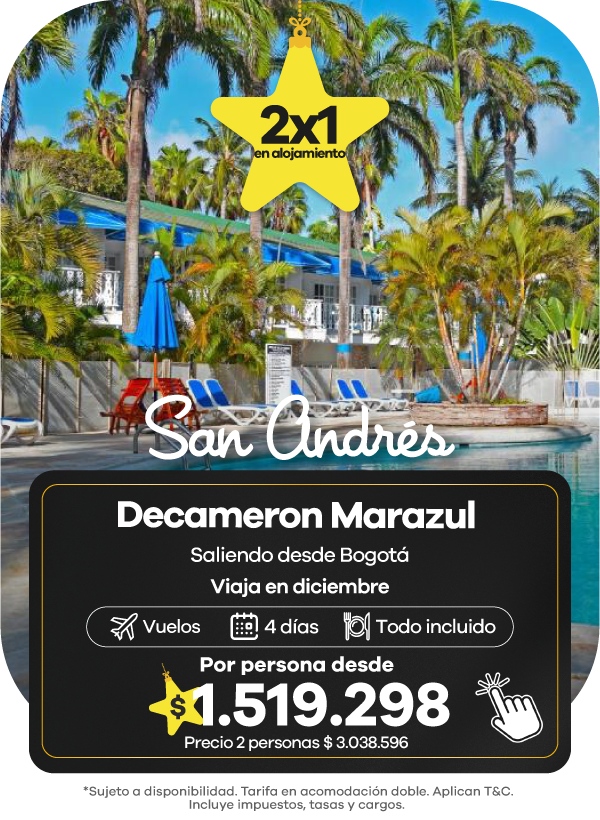 Oferta Black Friday San Andrés: paquete al hotel Decameron Marazul con vuelo desde Bogotá, 4 días todo incluido y promoción 2x1 en alojamiento