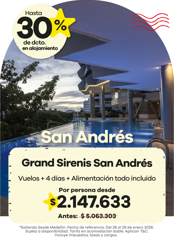 🏝️ Descubre el paraíso en San Andrés 🌅 Relájate en el exclusivo Grand Sirenis San Andrés y vive unas vacaciones inolvidables con todo incluido. ✈️ Vuelos + 4 días + alimentación todo incluido desde $2.147.633 por persona. ✨ Aprovecha hasta 30% de descuento en alojamiento y disfruta el encanto del mar de los siete colores.