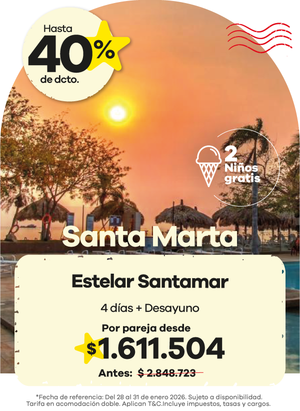 🌅 Santa Marta, donde el sol se despide frente al mar 🏖️ Disfruta de una escapada perfecta en el Hotel Estelar Santamar, ideal para relajarte con tu familia en un ambiente natural y acogedor. 🍳 4 días + desayuno incluido 👧🧒 ¡Hasta 2 niños gratis! 💛 Por pareja desde $1.611.504 ✨ ¡Aprovecha hasta 40% de descuento y vive momentos inolvidables frente al Caribe colombiano!