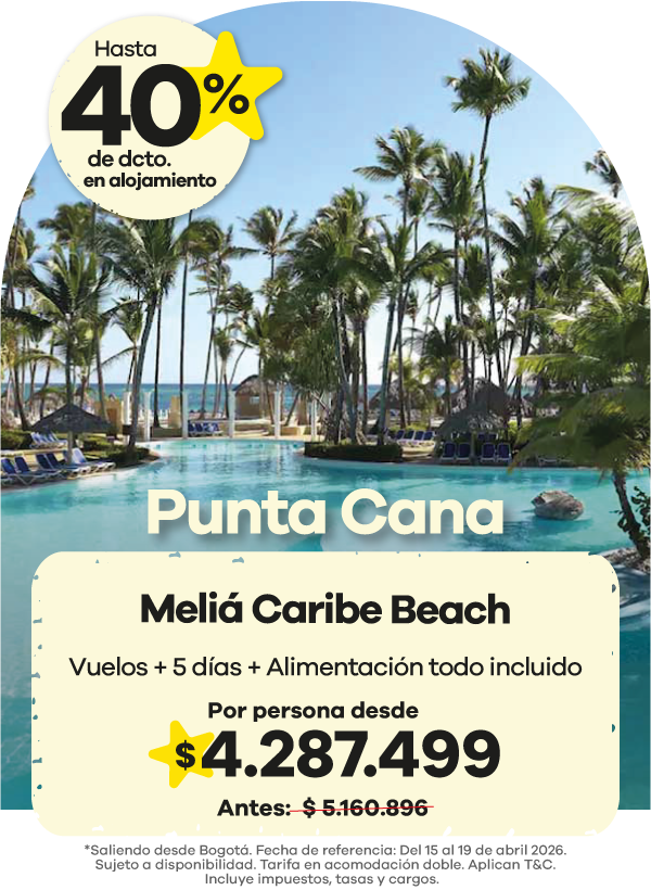 🌴 Vive el paraíso en Punta Cana ☀️ Disfruta del lujo y la comodidad en Meliá Caribe Beach, con todo incluido y beneficios para toda la familia. ✈️ Vuelos + 5 días + alimentación todo incluido desde $4.287.499 por persona. ✨ Hasta 40% de descuento en alojamiento y 1 niño gratis. ¡Tu descanso soñado te espera!