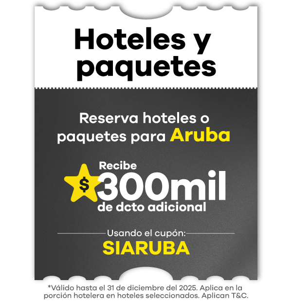 🏝️ Aruba te espera con un descuento imperdible ✈️ Reserva tus hoteles o paquetes hacia este paraíso del Caribe y recibe $300.000 de descuento adicional. 💛 Usa el cupón: SIARUBA 📅 Válido hasta el 31 de diciembre de 2025. ☀️ ¡Disfruta de playas turquesa, sol infinito y un ahorro espectacular!