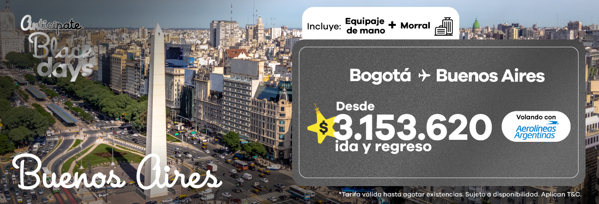 oferta de vuelo Bogotá a Buenos Aires con Aerolíneas Argentinas desde $3.153.620ida y regreso, incluye equipaje de mano y morral