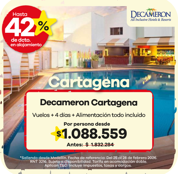 🌅 Escápate a la mágica Cartagena 🇨🇴 Disfruta de sol, playa y una experiencia inigualable en el Hotel Decameron Cartagena. ✈️ Incluye: Vuelos + 4 días de alojamiento + Alimentación todo incluido 🍹 💰 Desde $1.088.559 por persona 📉 Antes: $1.899.363 ✨ Ahorra hasta el 42% en alojamiento 📅 Saliendo desde Medellín. Fecha de referencia: del 25 al 28 de febrero de 2026. Sujeto a disponibilidad. Tarifa en acomodación doble. Incluye impuestos, tasas y cargos.