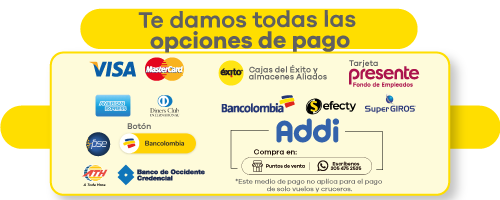 medios de pago aceptados por Viajes Éxito, incluyendo tarjetas de crédito, débito, bancos, puntos físicos, billeteras digitales y financiación con Addi