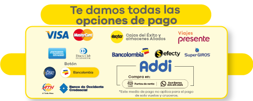 Banner con todos los medios de pago aceptados por Viajes Éxito, incluyendo tarjetas de crédito, débito, bancos, puntos físicos, billeteras digitales y financiación con Addi