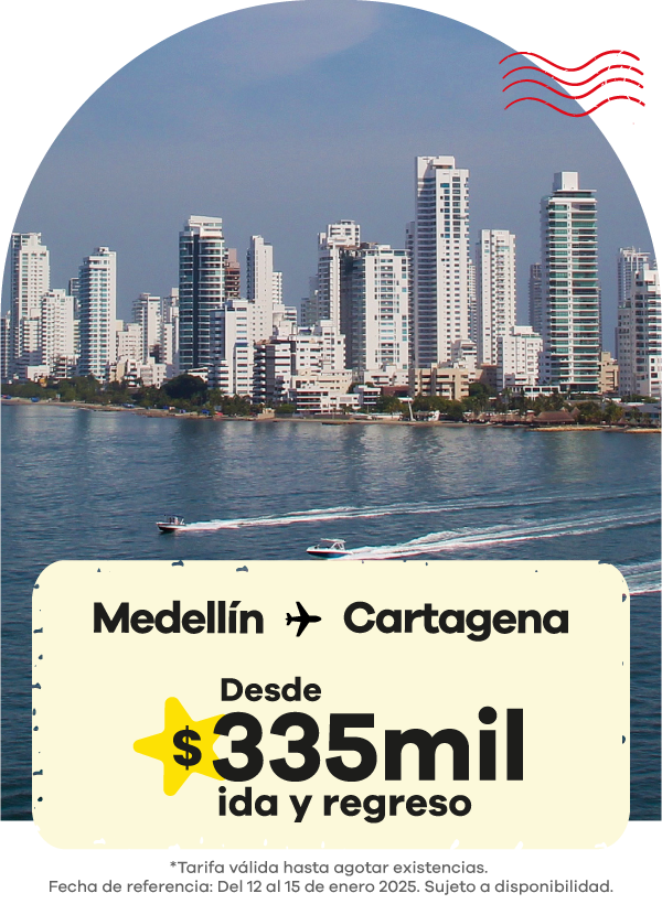 Promoción de vuelos Medellín a Cartagena desde $335 mil ida y regreso, vuelos baratos a Cartagena.