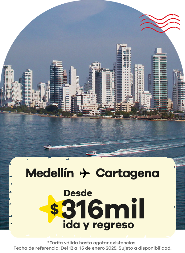 Promoción de vuelos Medellín a Cartagena desde $316 mil ida y regreso, vuelos baratos a Cartagena.